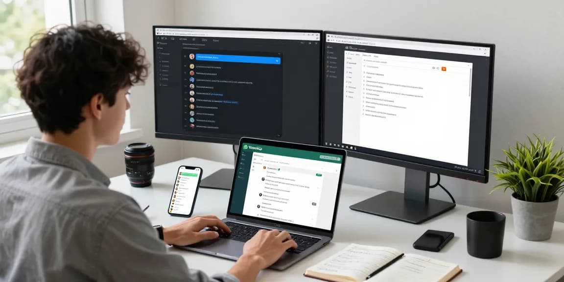 Using WhatsApp網頁版 on a laptop in a modern workspace, with dual monitors and smartphone.