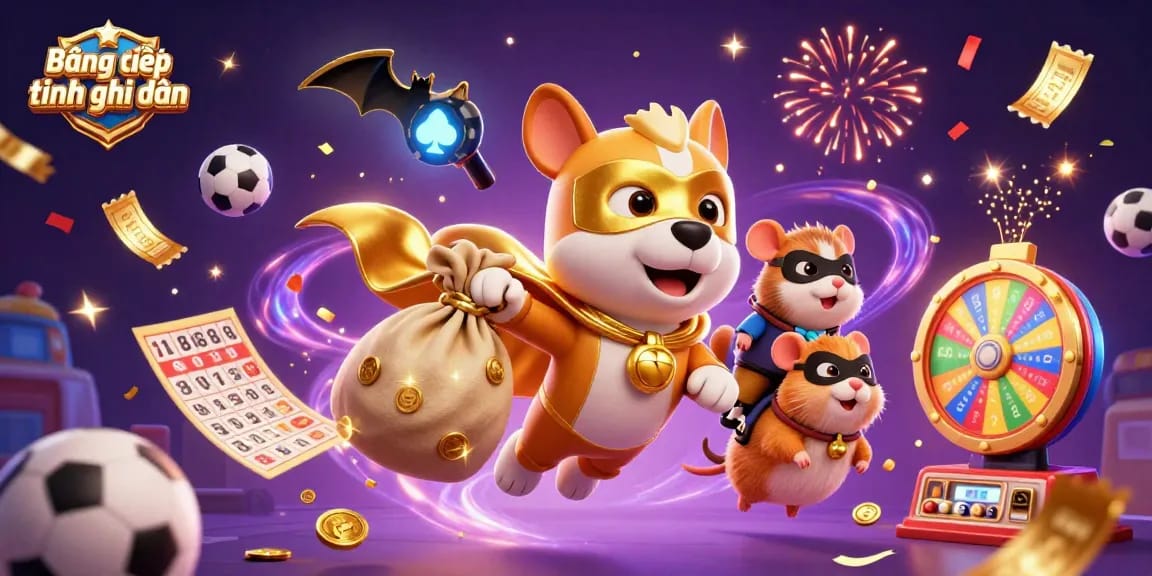 Bảng xếp hạng ghi bàn showcases animated gambling action with a superhero dog and colorful sports balls.