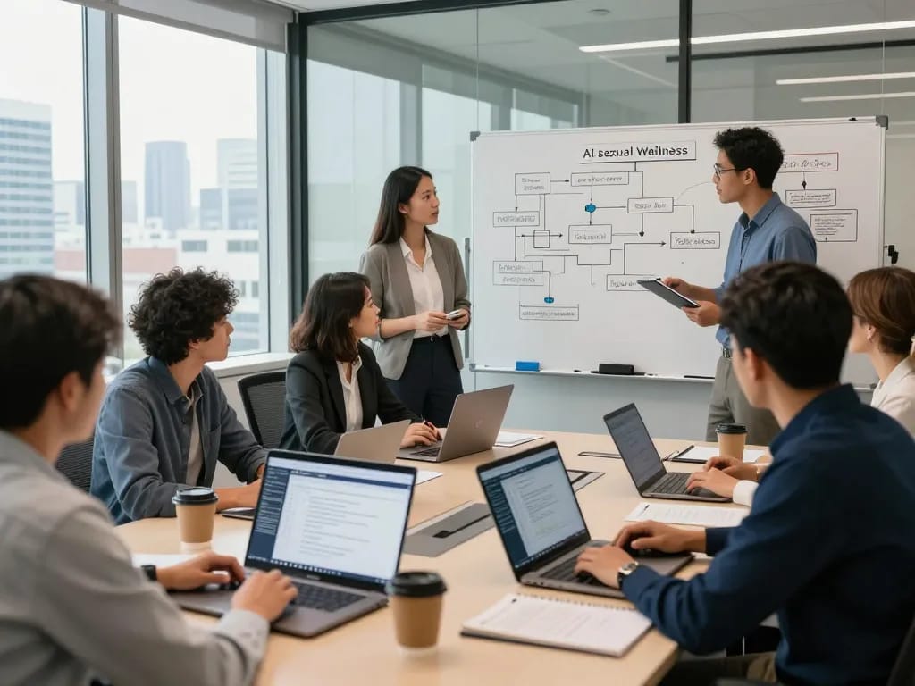 Collaborative team working on ai porn software development in modern office.