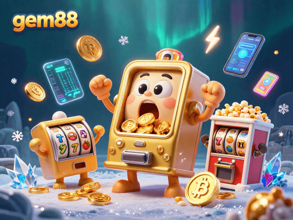 Experience the thrilling gem88 jackpot as vibrant gold coins cascade from an animated slot machine!