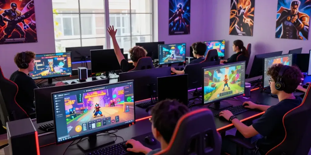 Engaged players enjoying hitclub gaming platform in a vibrant setting.