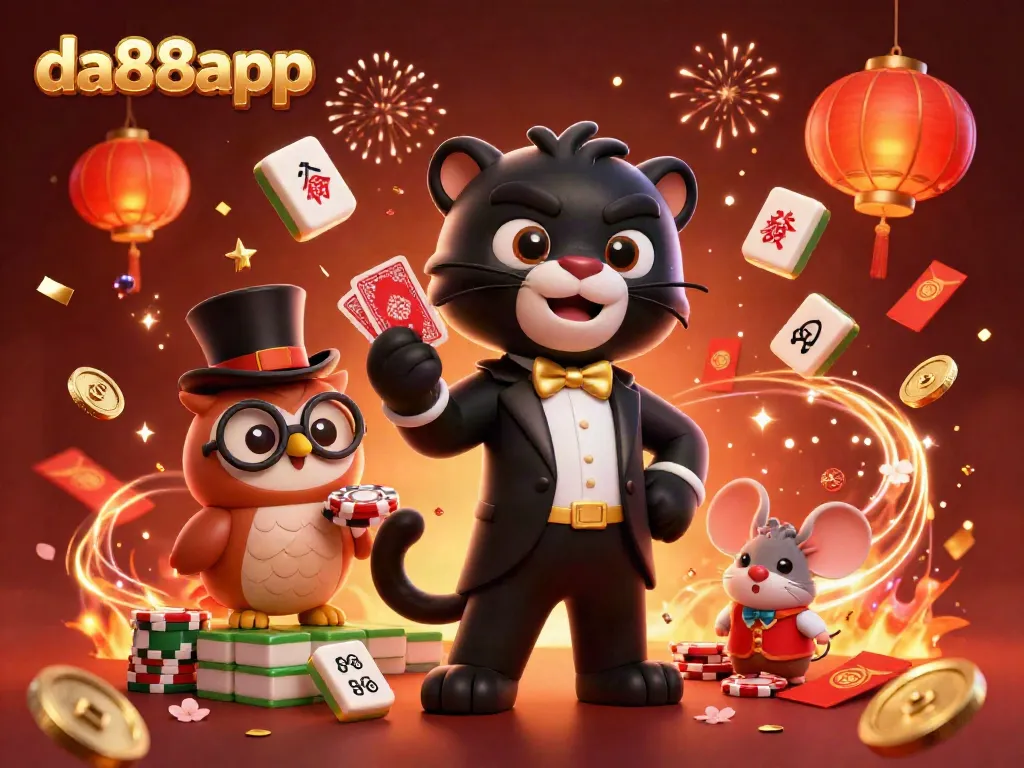 Experience the excitement of da88app as a stylish panther deals cards with an owl and mouse amid casino elements.