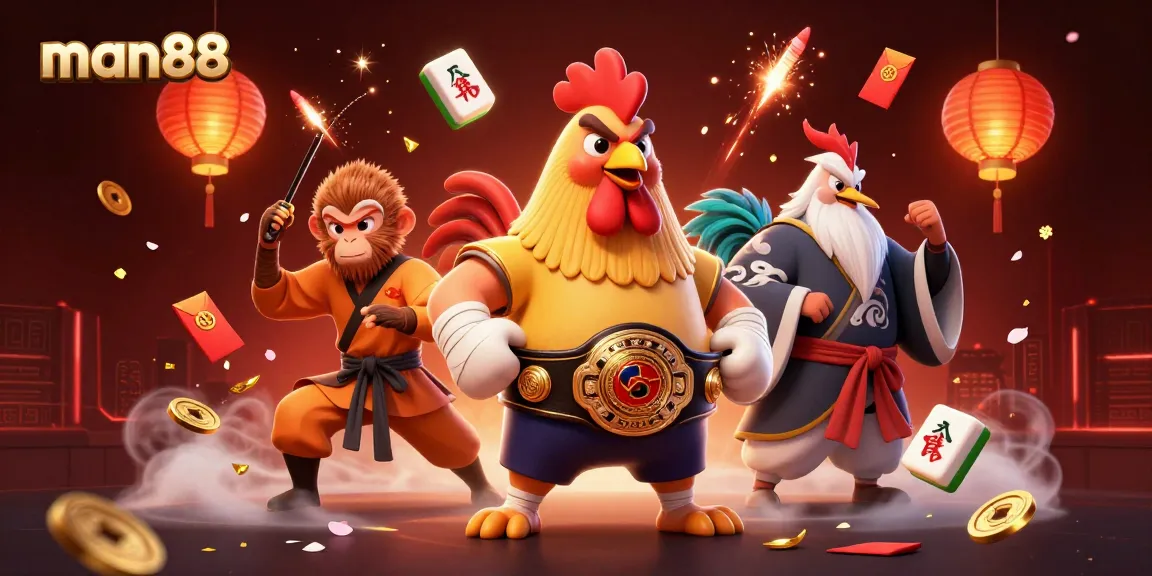 Spin to win with man88 in a vibrant casino scene featuring martial arts characters