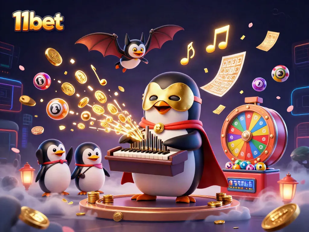 Experience 11bet's thrilling gaming scene with a penguin organist, golden coins, and festive lottery elements.