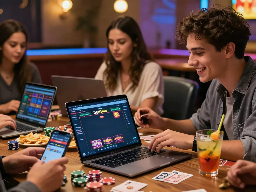 Diverse group enjoying DA88 online gaming on laptops and smartphones.