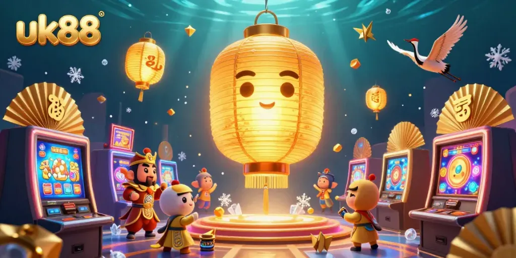 Experience thrilling gameplay at uk88 with vibrant golden lantern illustrations in a colorful casino setting.