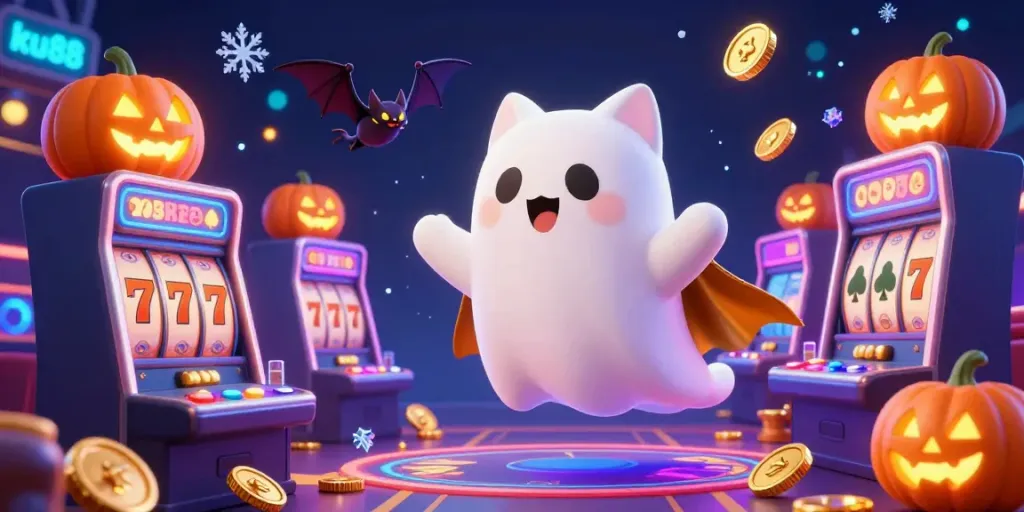 Experience thrilling action at ku88 in this vibrant casino scene with a friendly ghost cat and a vampire bat.