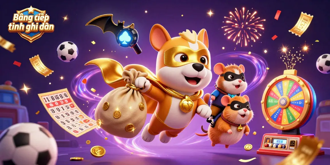 Bảng xếp hạng ghi bàn showcases animated gambling action with a superhero dog and colorful sports balls.