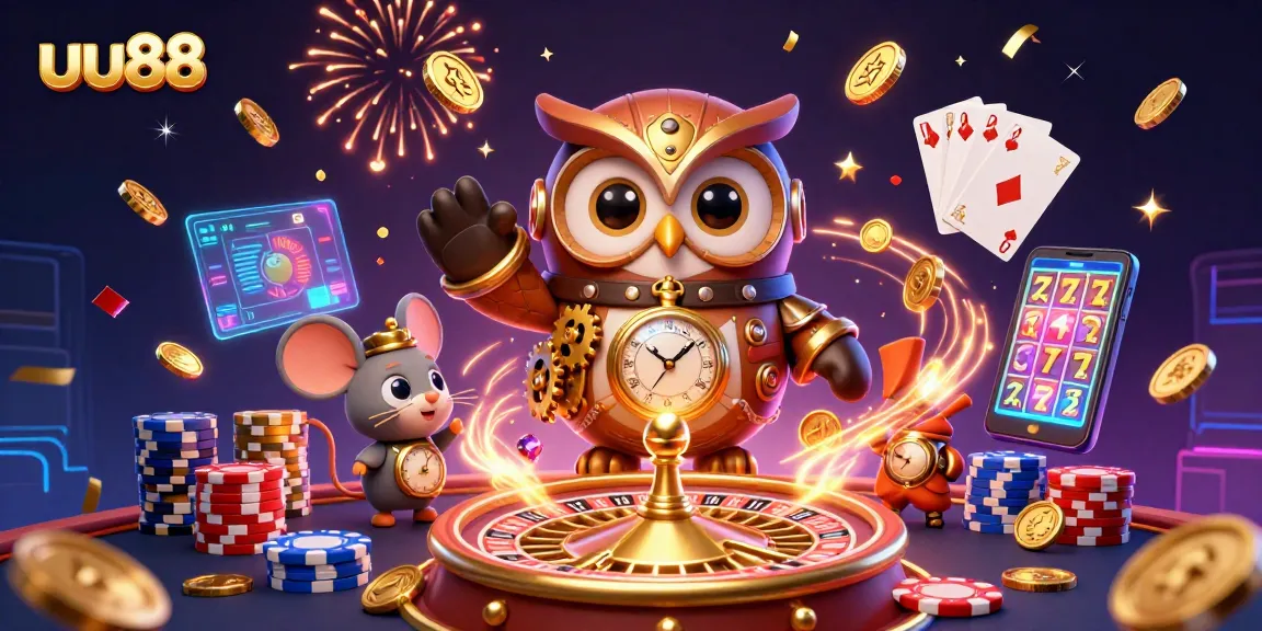 Experience thrilling wins at uu88 with a lively 3D casino illustration showcasing dynamic gaming elements.