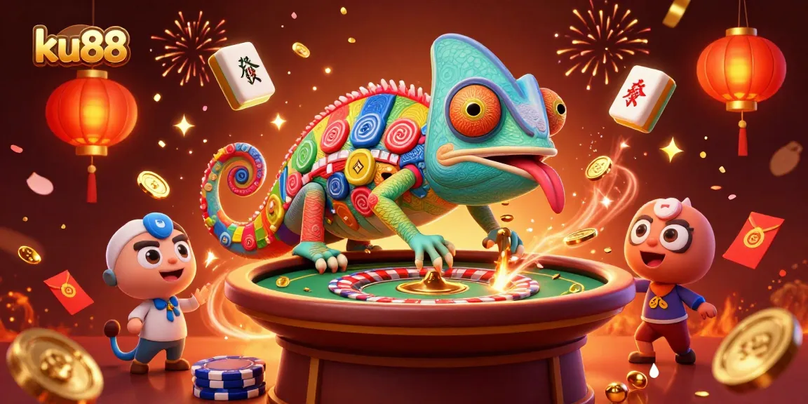 Play at ku88's vibrant casino world with lively chameleon and festive decorations