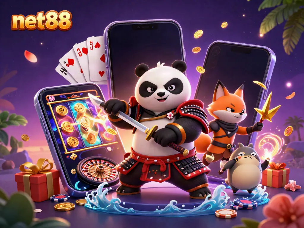 Engage in thrilling gaming adventures with net88 showcased by a dramatic scene of samurai panda and ninja fox.