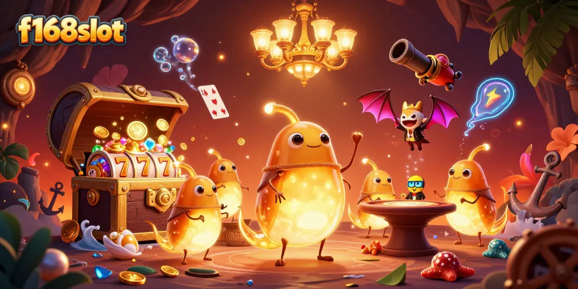 Experience excitement with f168slot as glowworms illuminate a vibrant casino scene featuring slot reels and underwater treasures.