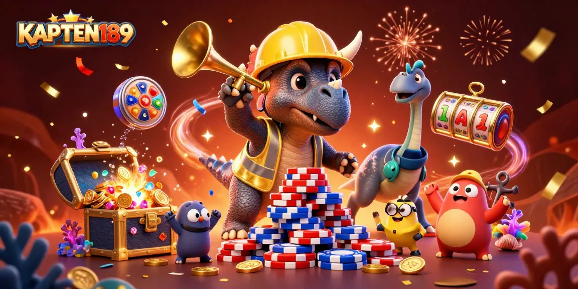 KAPTEN189 merayakan kemenangan dengan slot online dan piala sambil dikelilingi harta karun