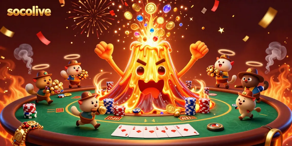 Socolive showcases a triumphant volcano erupting coins among lively poker scenes and treasure-laden explorers.