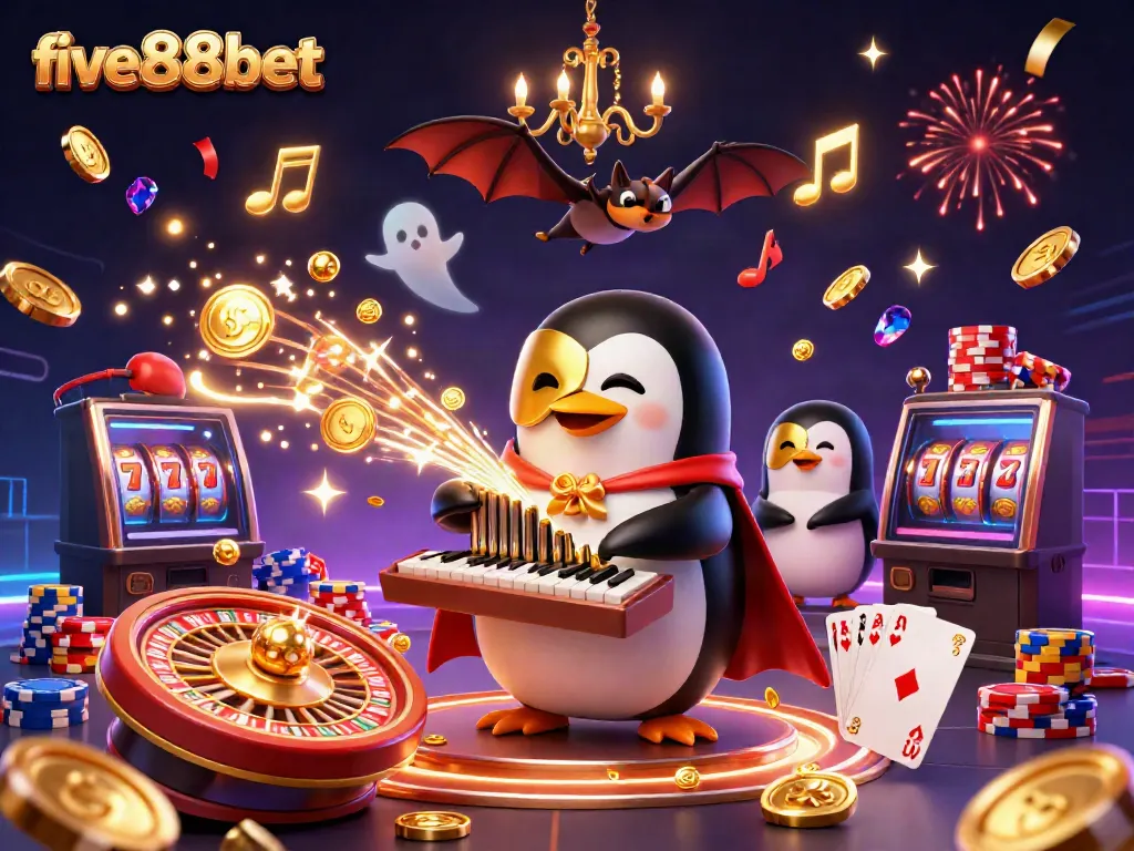 Play big at five88bet with our engaging casino illustration featuring exciting gaming elements and a penguin organist.