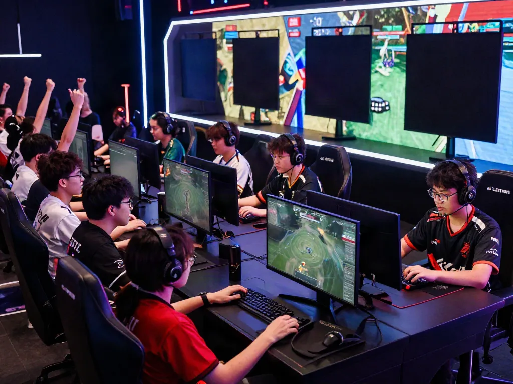 Exciting esports event scene showcasing energetic gamers at high-tech setups in a modern arena, reflecting the vibrant spirit of competitive gaming at https://ku88vt.com/.