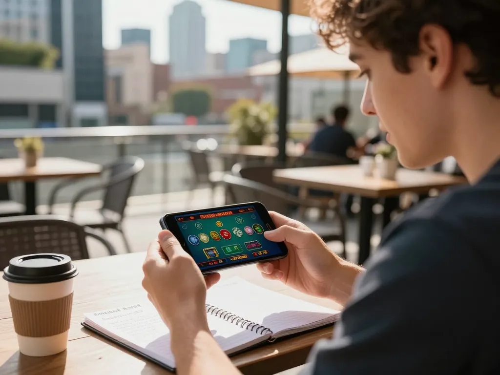 Playing taixiuonline on a smartphone at a café, highlighting convenience and engagement.