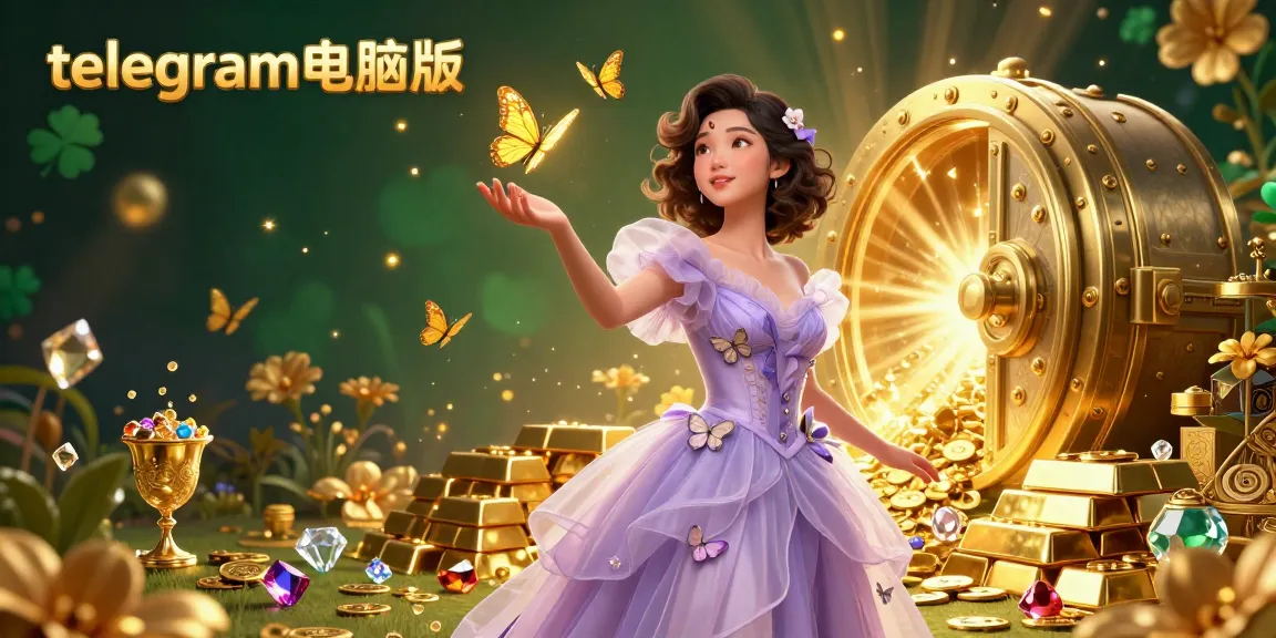 体验沉浸式游戏与telegram电脑版，背景是一位美丽的亚洲女性，周围有金色的宝藏和生动的宝石。