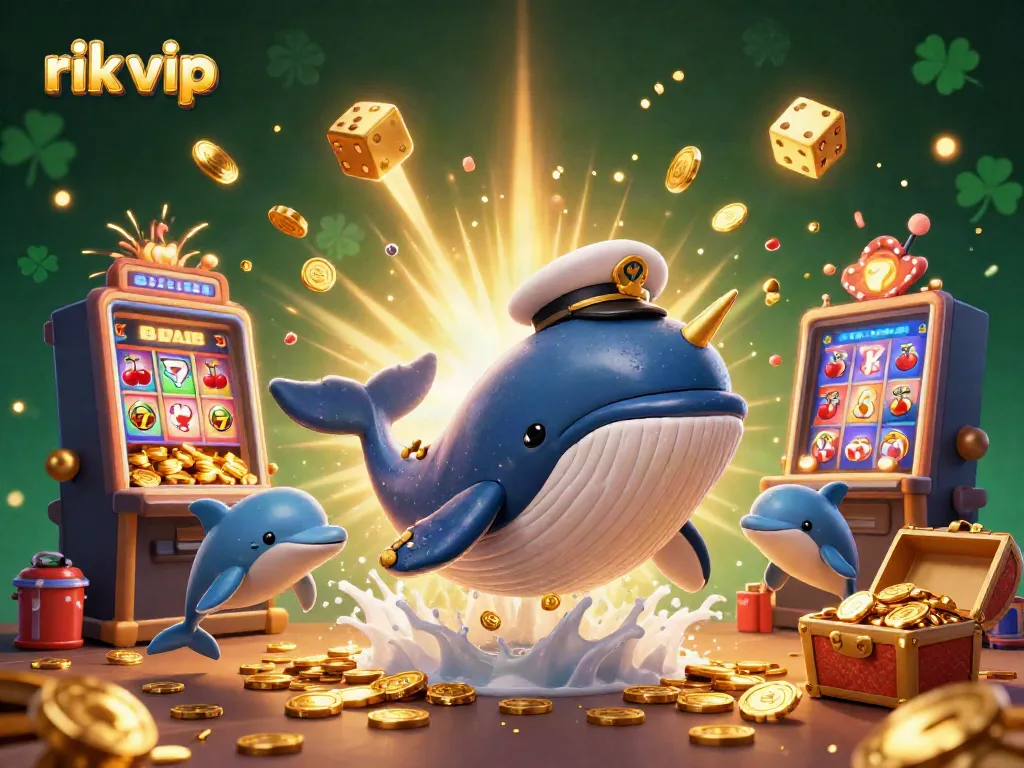 Engage in thrilling gaming at rik vip with a whale, narwhal, and dolphins in a vibrant casino scene.