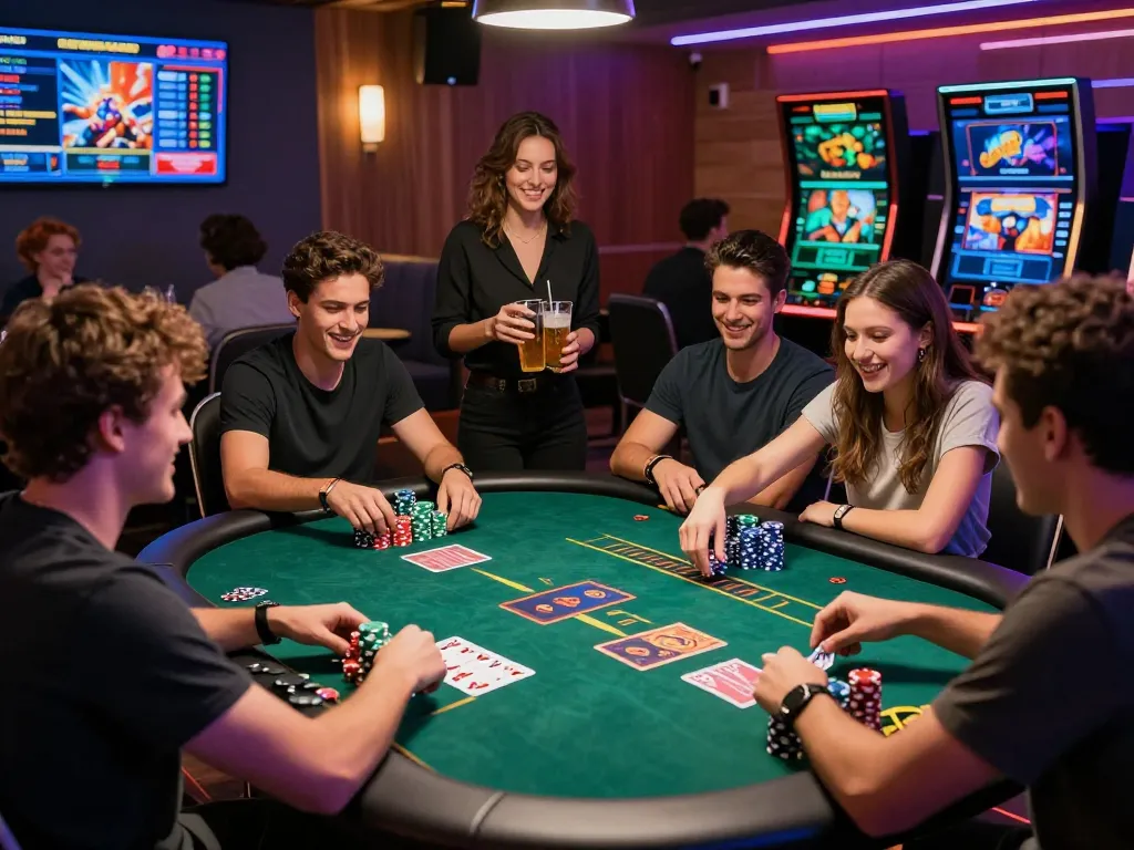 Engaging MM88 gaming scene with friends excitedly participating in a lively online casino night, vibrant atmosphere and colorful chips