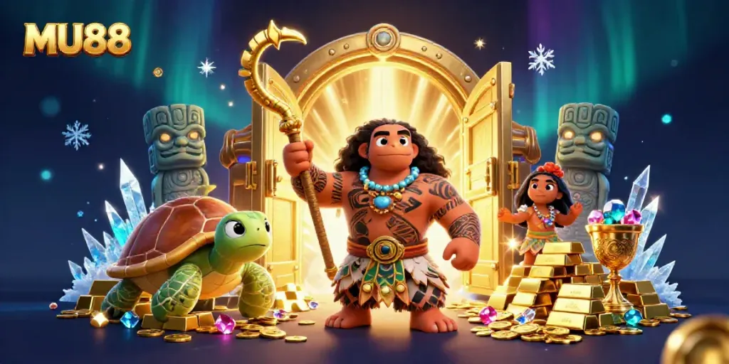 Experience the excitement at MU88 with vibrant casino elements and dynamic characters in a rich 3D scene.