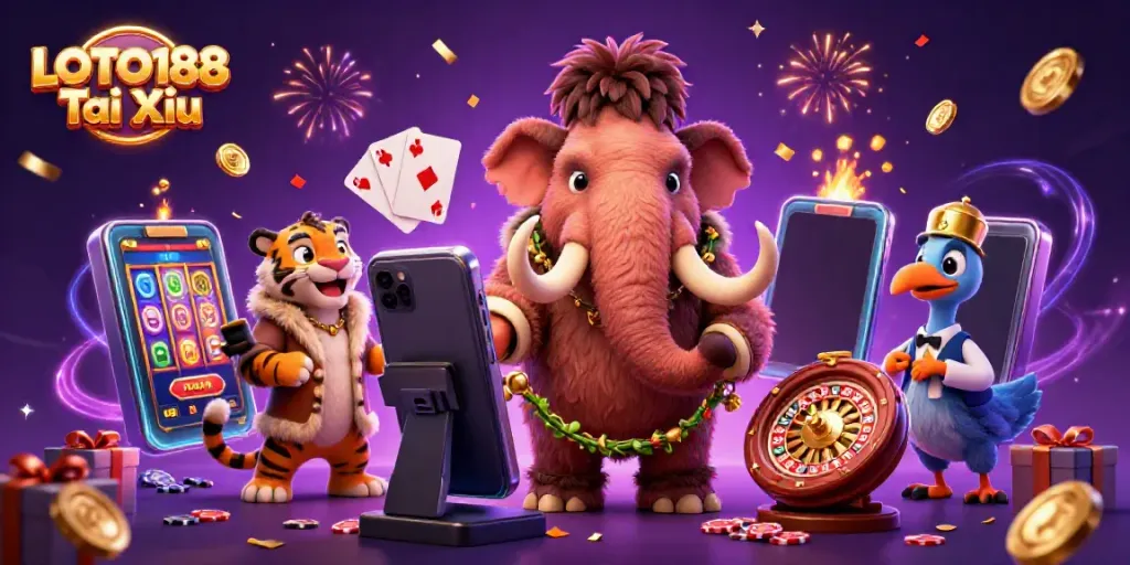 Engage in thrilling LOTO188 Tai Xiu gaming with vibrant characters and exciting casino elements.
