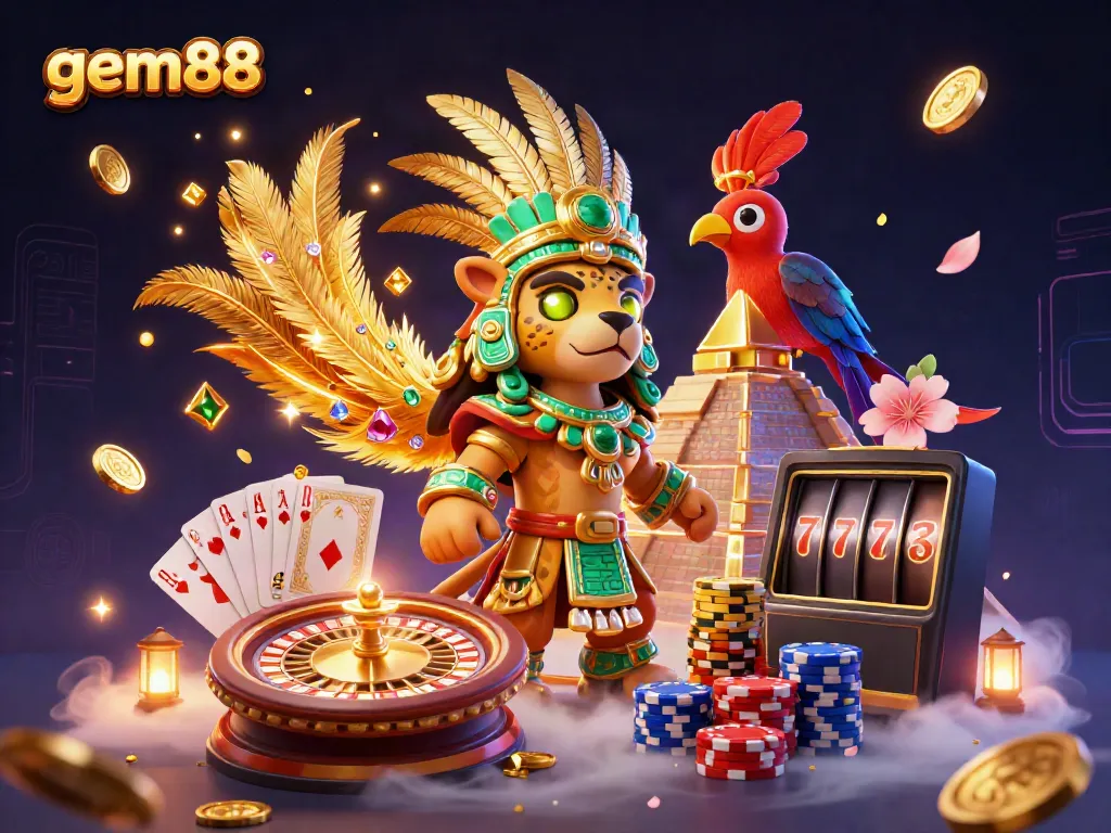 Engage in exciting gaming adventures with gem88, showcasing vibrant 3D casino characters and thrilling elements.