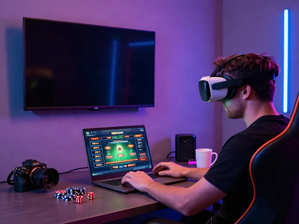 Gamer at https://red88.limited/ engaged in an immersive online casino experience with colorful LED lighting.