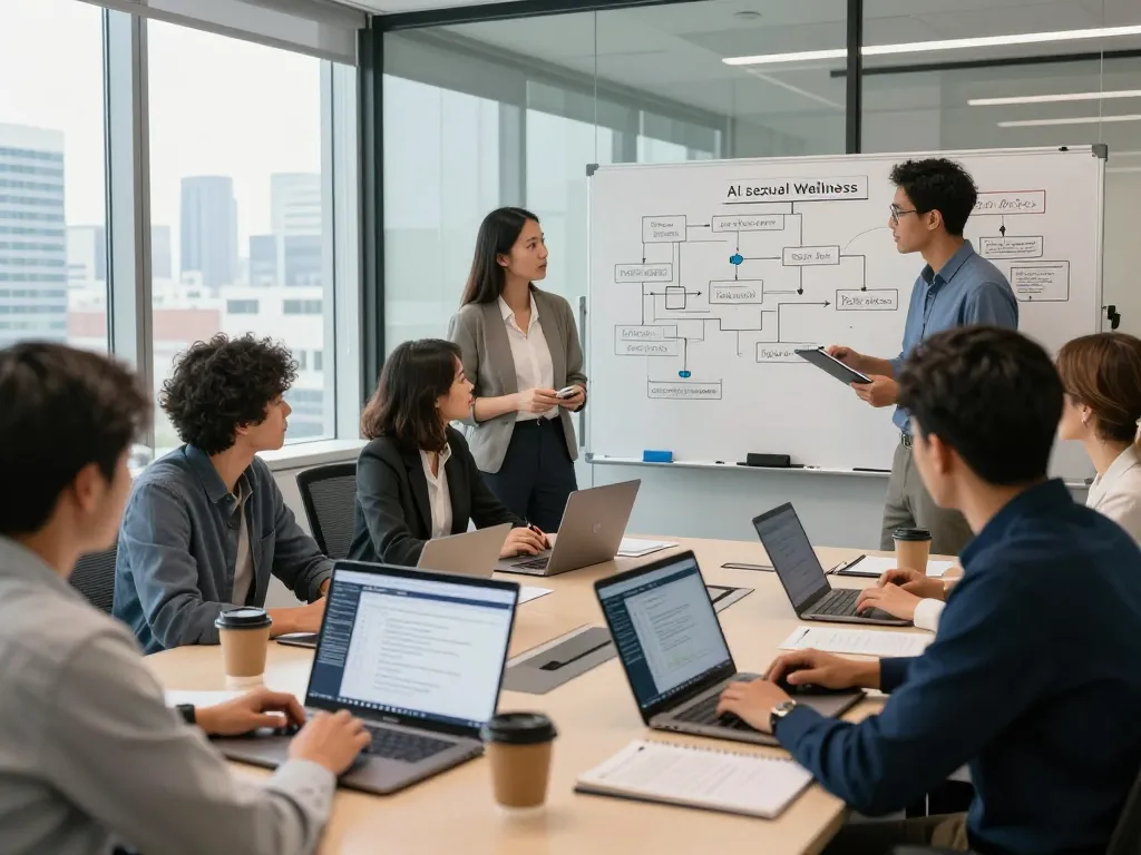 Collaborative team working on ai porn software development in modern office.