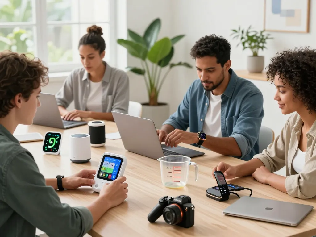 People engaging with smart tech gadgets in a modern workspace, showcasing innovative Bluetooth devices for cooking and health tracking.