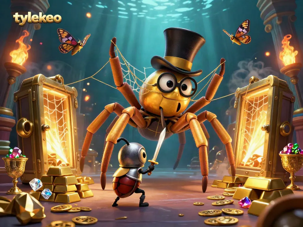 Experience thrilling gambling moments with tylekeo as a golden tarantula spins fortune in a vibrant casino.
