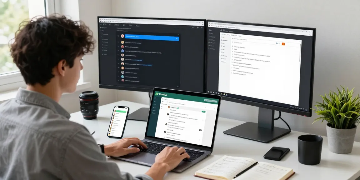 Using WhatsApp網頁版 on a laptop in a modern workspace, with dual monitors and smartphone.