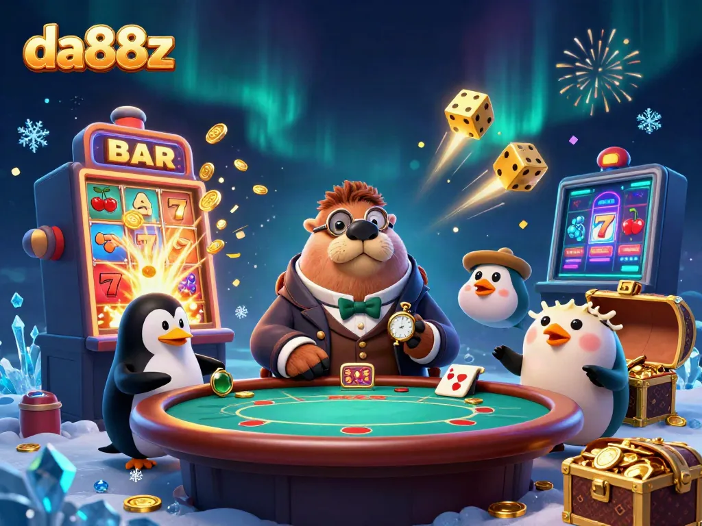 Engage in thrilling casino action with da88z, showcased by a jolly walrus and friends at an underwater poker table.