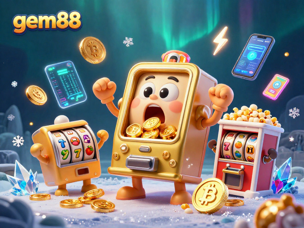 Experience the thrilling gem88 jackpot as vibrant gold coins cascade from an animated slot machine!