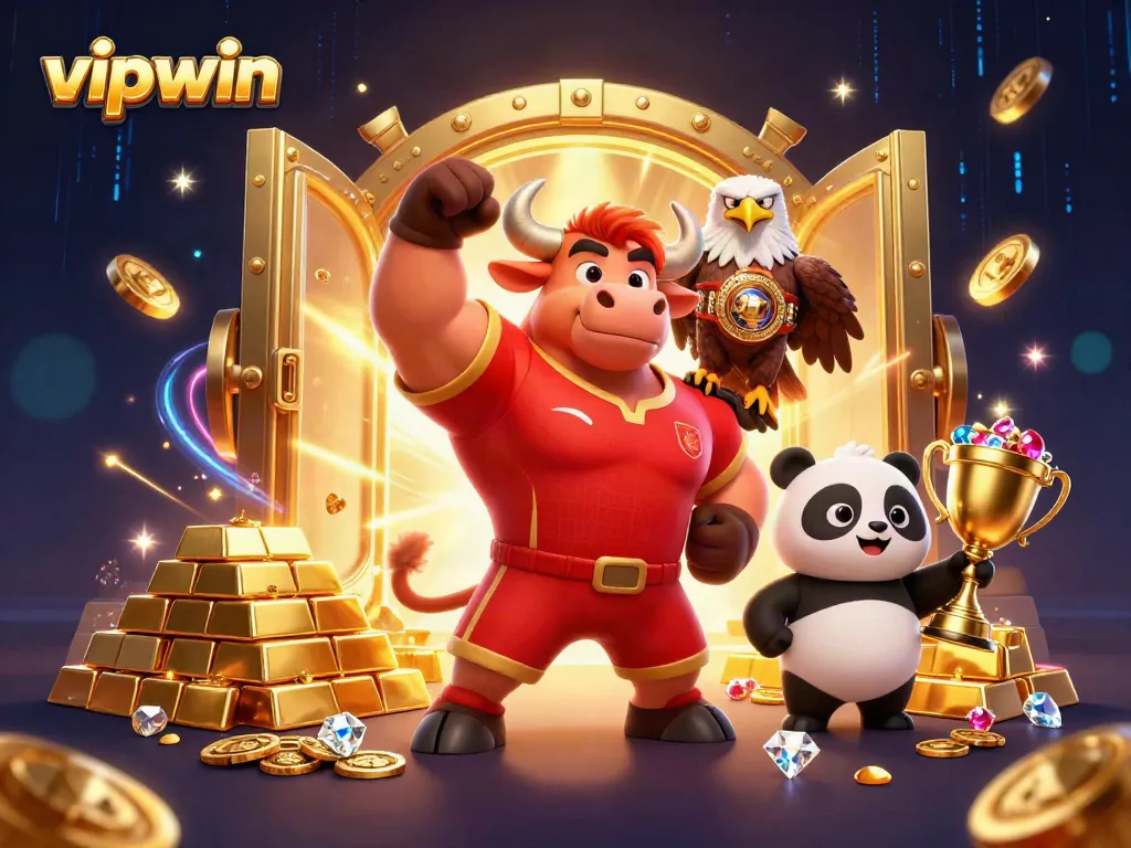 Experience thrilling gameplay at vipwin with a 3D animated scene featuring a bull, eagle, and panda celebrating a jackpot victory.