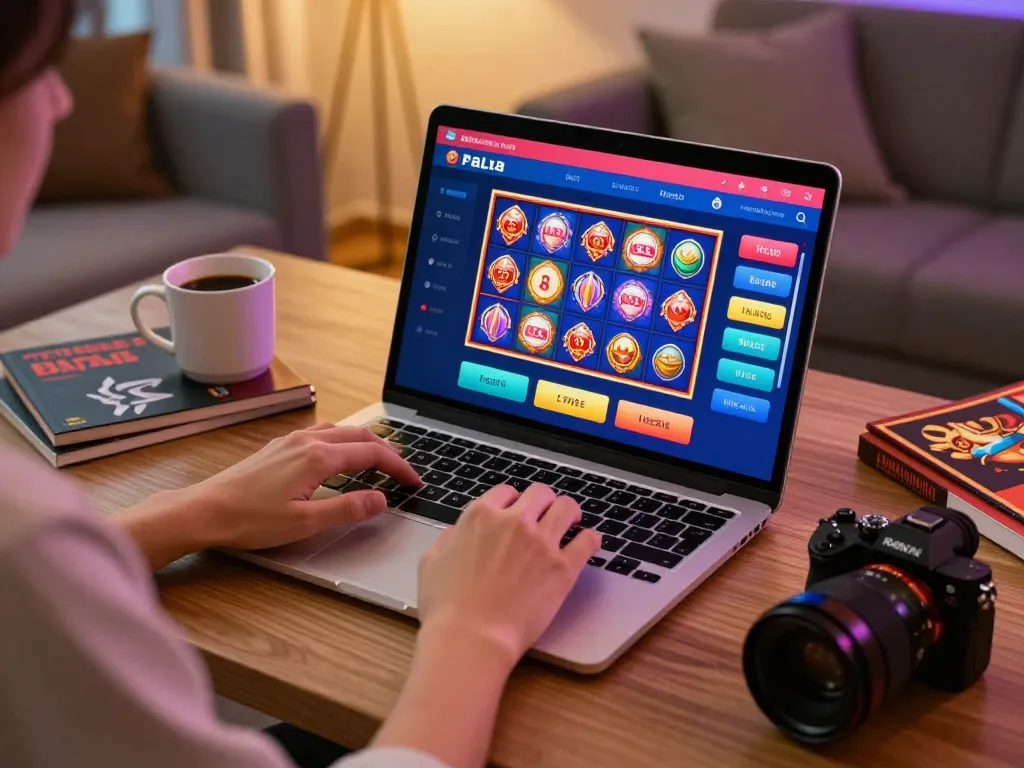 Engaging in slot pulsa gameplay on a laptop at home, capturing an interactive gambling moment.