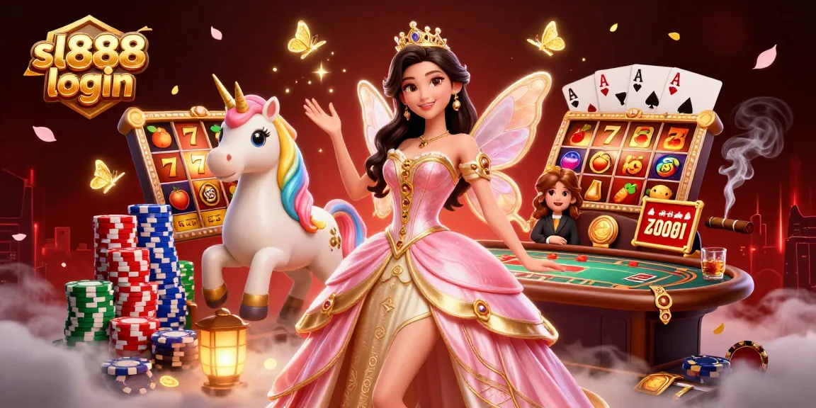 Experience sl888 login with a glamorous casino scene filled with vibrant slot reels and poker action