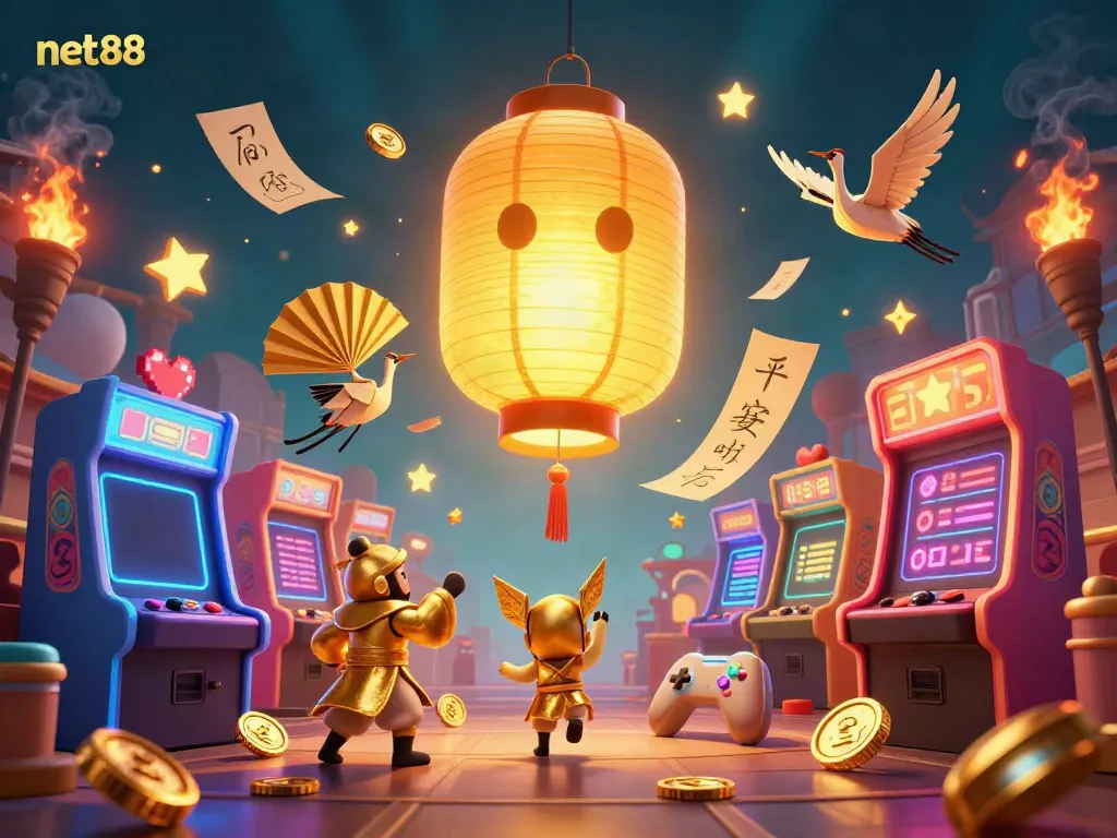 Exciting net88 casino scene featuring a golden lantern spirit and festive arcade games in 3D.