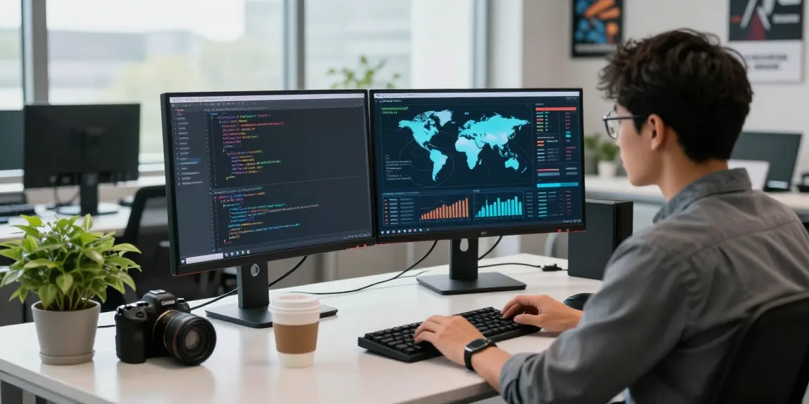 快连 network acceleration app interface displayed on dual monitors in a modern tech workspace.