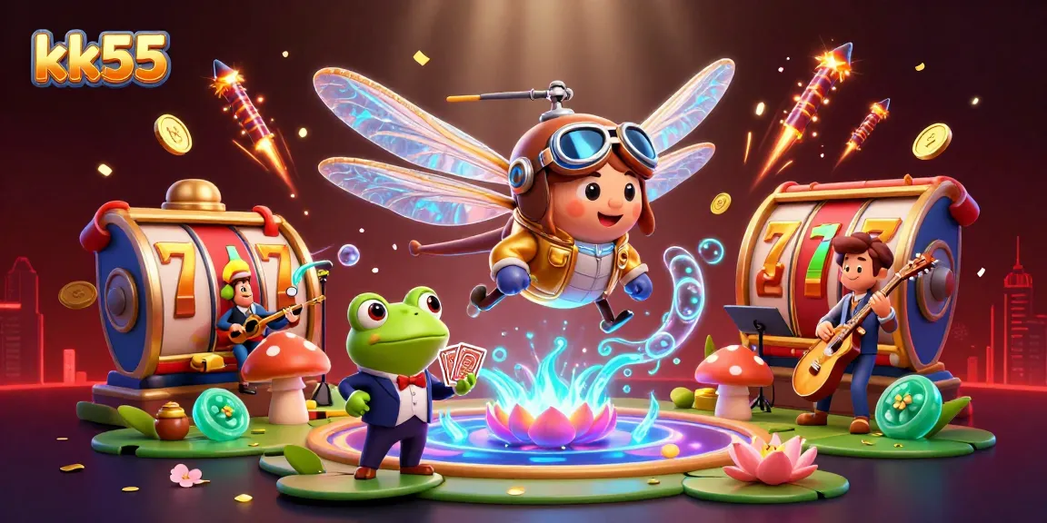 Experience the excitement of kk55 with a vibrant casino scene, featuring a dragonfly pilot and frog dealer.