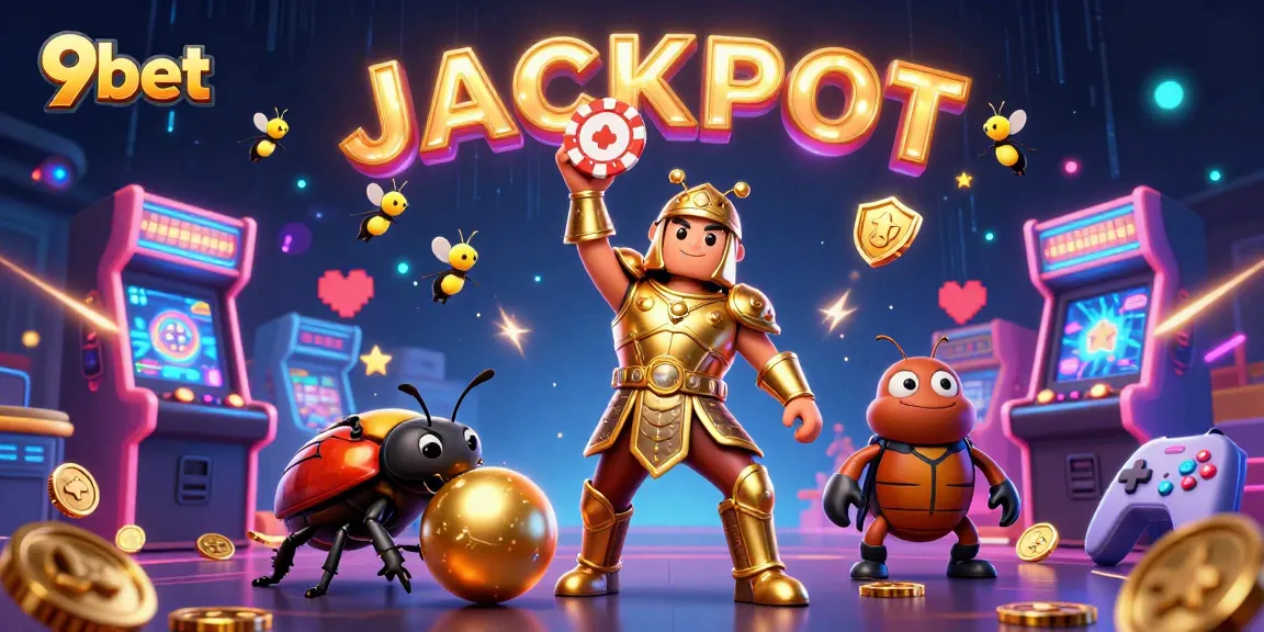 Engage with 9bet as the victorious beetle lifts a poker chip in this vibrant casino scene.
