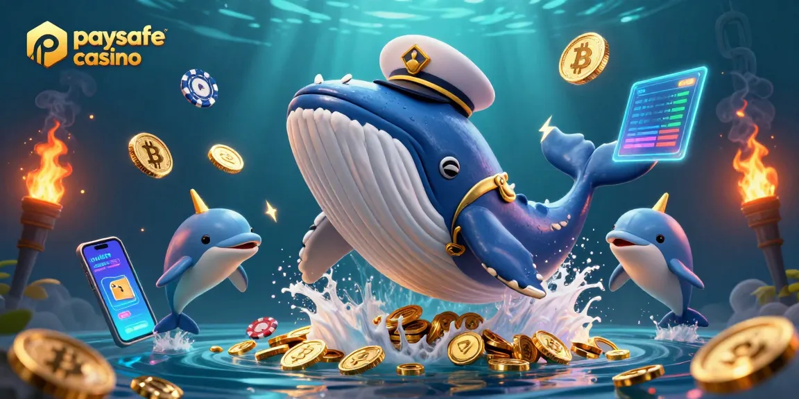 Erleben Sie den Nervenkitzel eines Paysafe Card Casinos mit verspielten Delfinen und einem Kapitänswal in einem Meer aus Münzen.