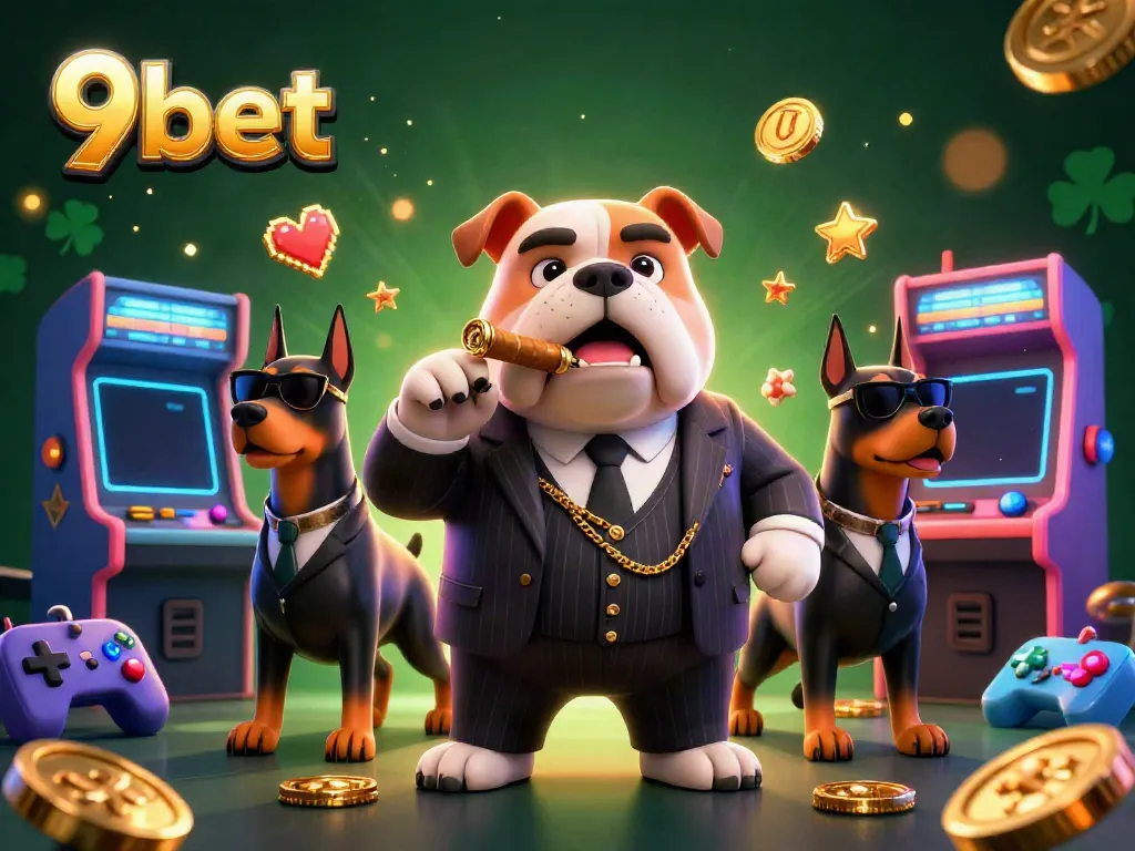 Engage with 9bet's gambling world, featuring a mafia boss bulldog amidst vibrant arcade elements.