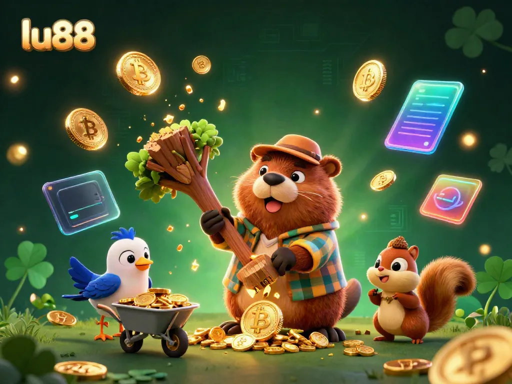 Join the fun at lu88 where a cartoon beaver chops a coin tree surrounded by crypto elements, inviting high-stakes gaming.