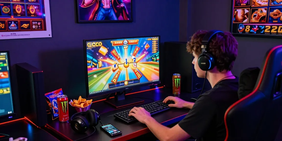 Player immersed in a slot gacor game at a vibrant gaming desk
