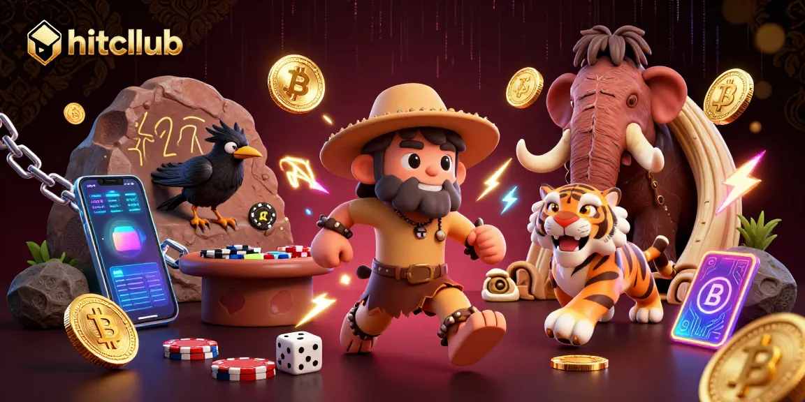 Experience thrilling casino action at hitcllub while cavemen and creatures play with crypto and vibrant game elements.