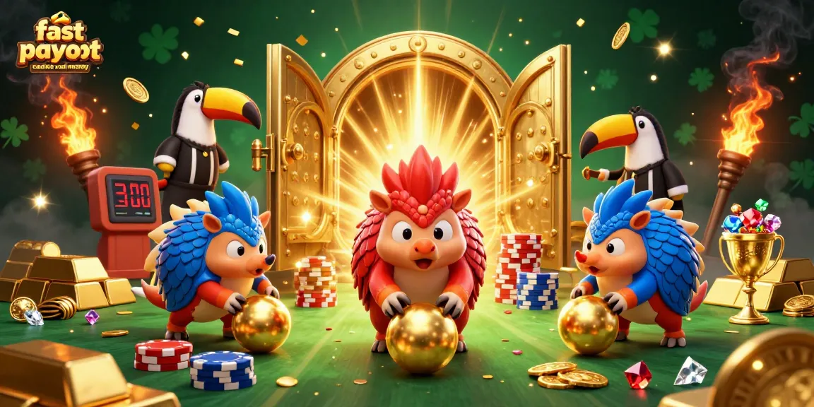 Engage in action at a fast payout casino real money with rival pangolins amid a vibrant gaming scene.