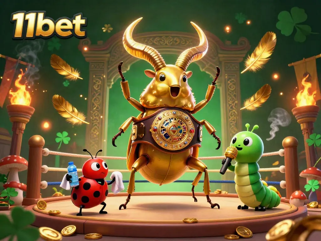 Engage in thrilling gambling experiences at 11bet with a unique golden stag beetle champion in an energetic casino scene.