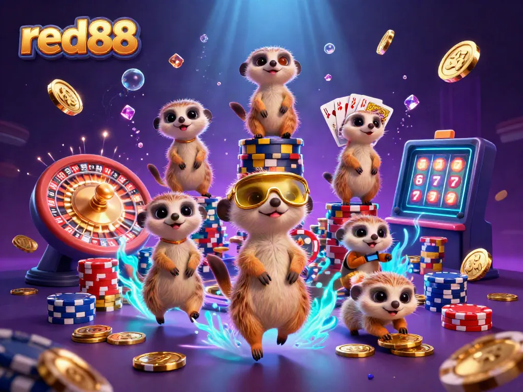 Experience the vibrant casino energy of red88 with meerkats running the operation, surrounded by riches and excitement.