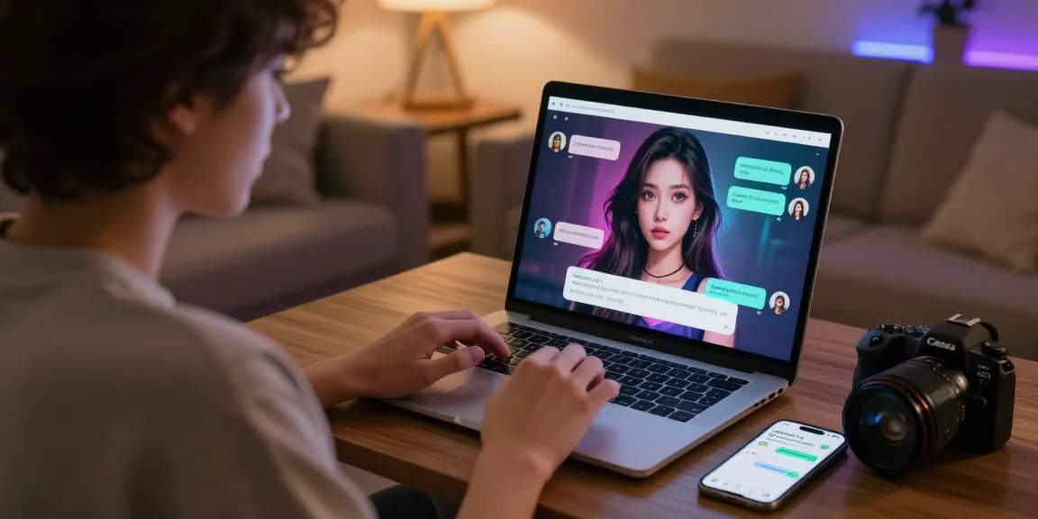 Dynamic NSFW AI interaction scene featuring a personalized AI character in a cozy chat setting.